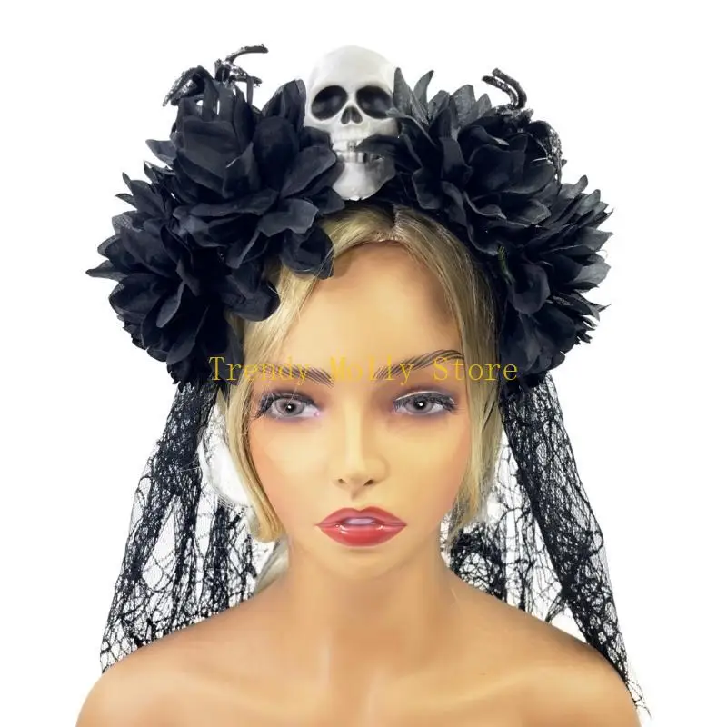 

N5KB Halloween Skull Hairband with Veil Scary Flower Headband Cosplay Headwear Festival Headpiece Masquerade Hair Accessories