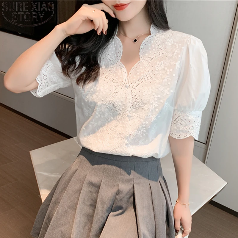 Fashion Woman Cotton Lace Embroidery Hollow Out Blouse 2024 Stylish Elegant White Shirts Vintage Blusas Half Sleeve Tops 13102