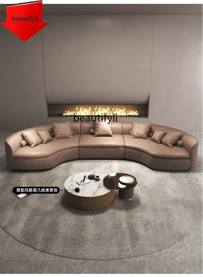 

02, итальянский минималистичный круглый изогнутый кожаный диван, большая квартира, гостиная, угловой кожаный диван