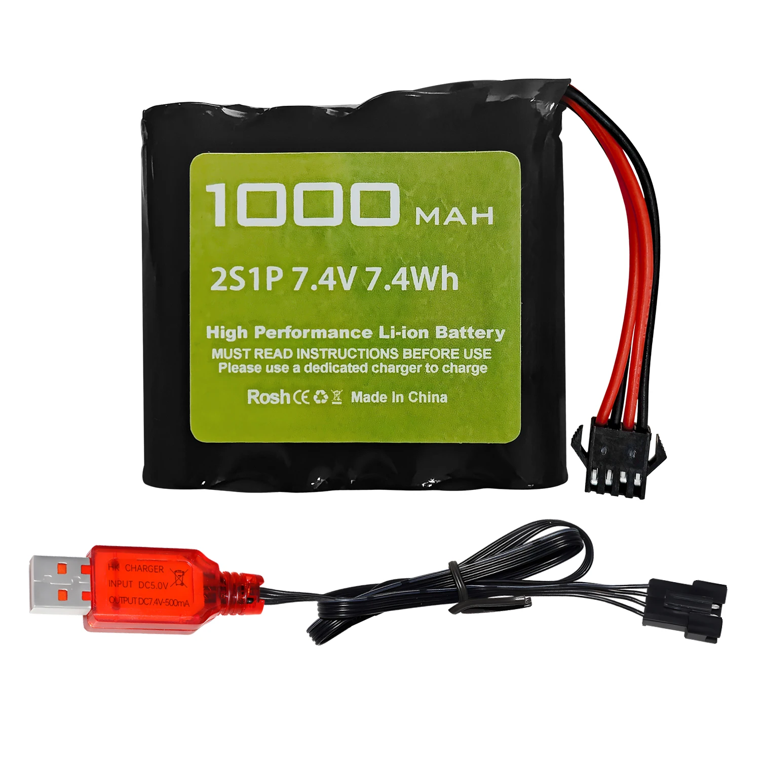 7.4V 1000mAh 2S SM-4P Plug Li-ion Battery with USB Charging Cable for DE36W DE65 NO.1809 RC Toy Car, Off-Road Vehicle Battery