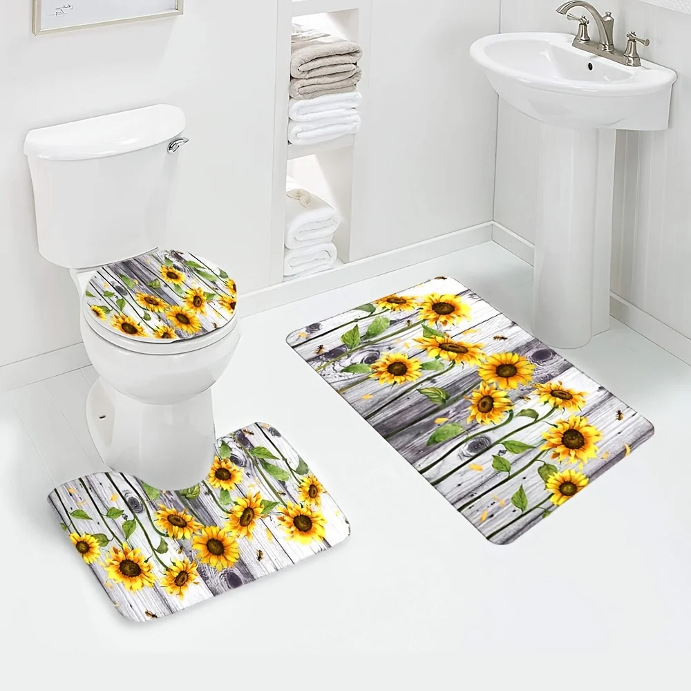 

Набор деревянных ковриков для ванной комнаты с подсолнухами, нескользящий мягкий фланелевой моющийся коврик, впитывающий коврик для унитаза, U-образный коврик