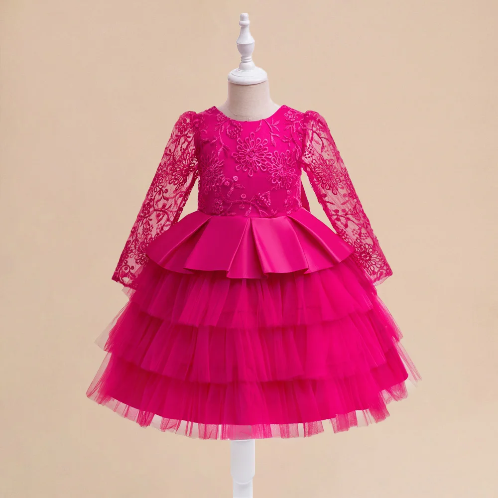 Girls Rose Red Lace Party Princess Dress Girl Fashion Evening Embroidery Gown Young Kids Summer Holiday Clothes With Big Bow