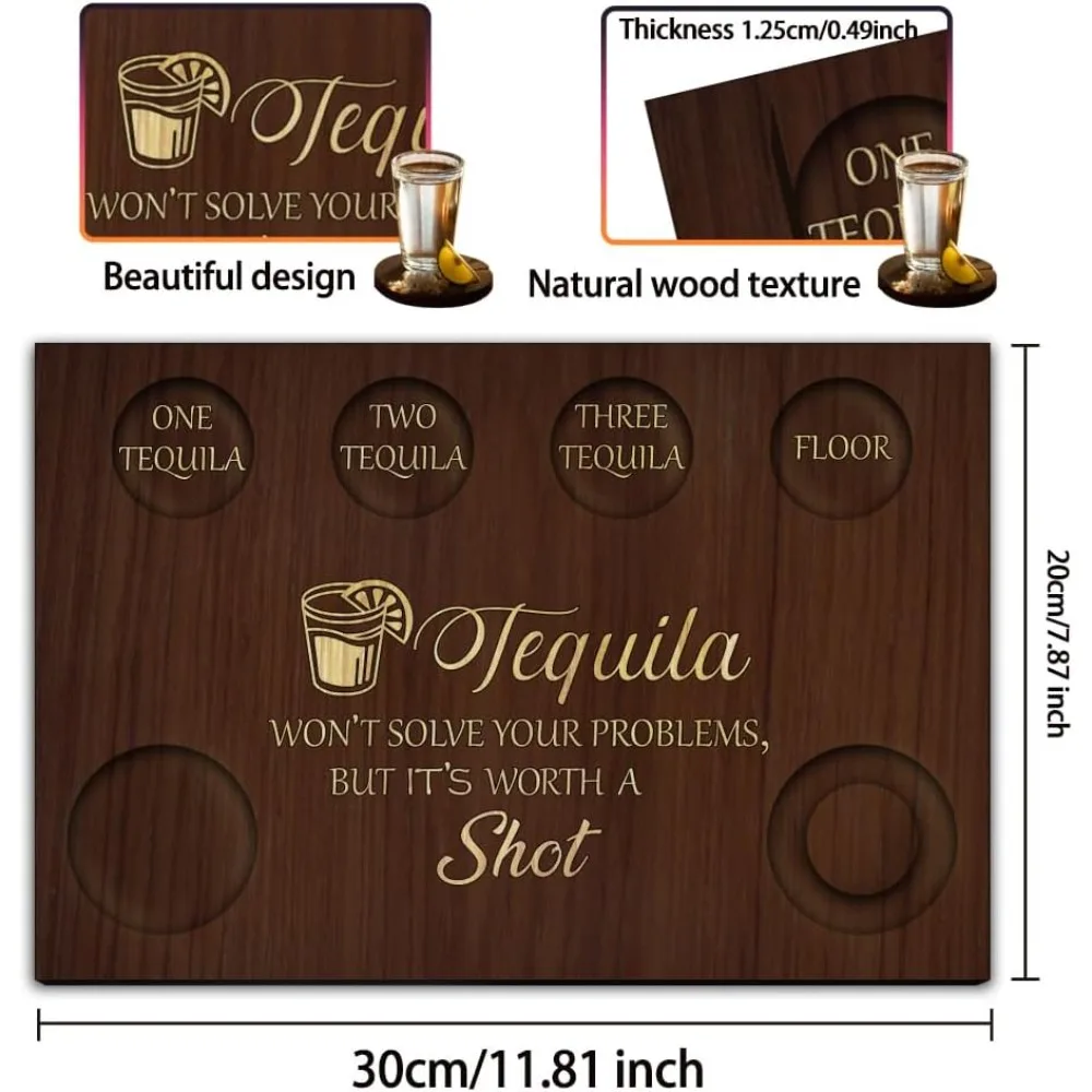 Word Tequila Shot Glasses Serving Tray Wooden Flight Tray Glass Holder with Lemon Salt Rim Shot Glasses Board for Bar Restaurant