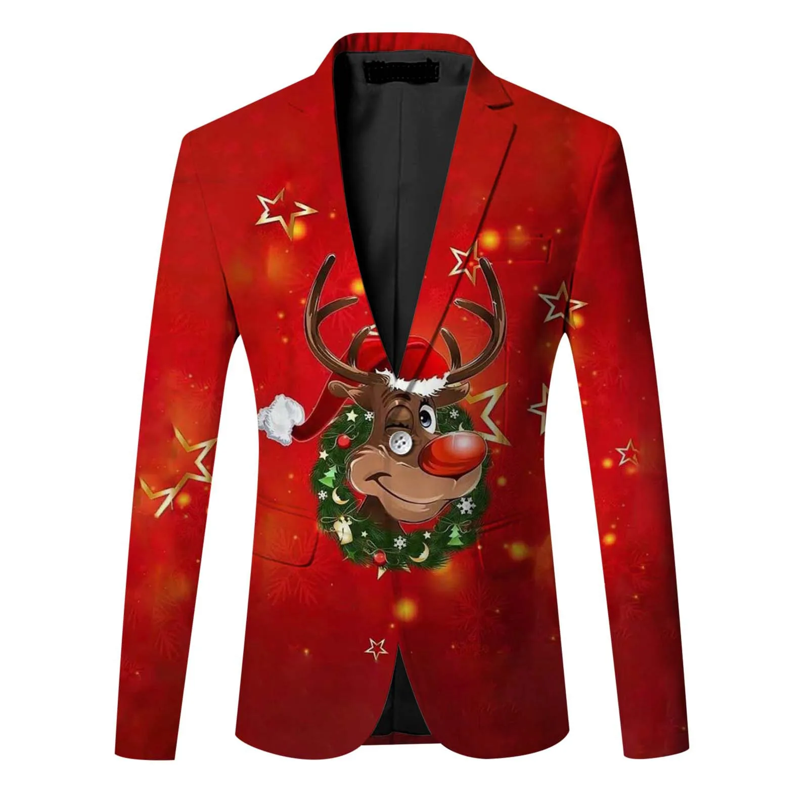 Christmas Deer Printed Fashion Slim Fit Blazer Coat Casual Single Button Lapel Suit Jacket Top Business Party Suits for Men