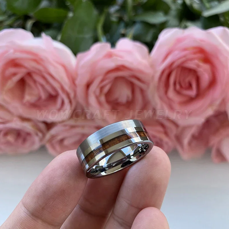Pip Cut Wood Inlay Tungsten Carbide Ring Men Wedding Band Polished Shiny Comfort Fit Modern for Women Engagement Ring