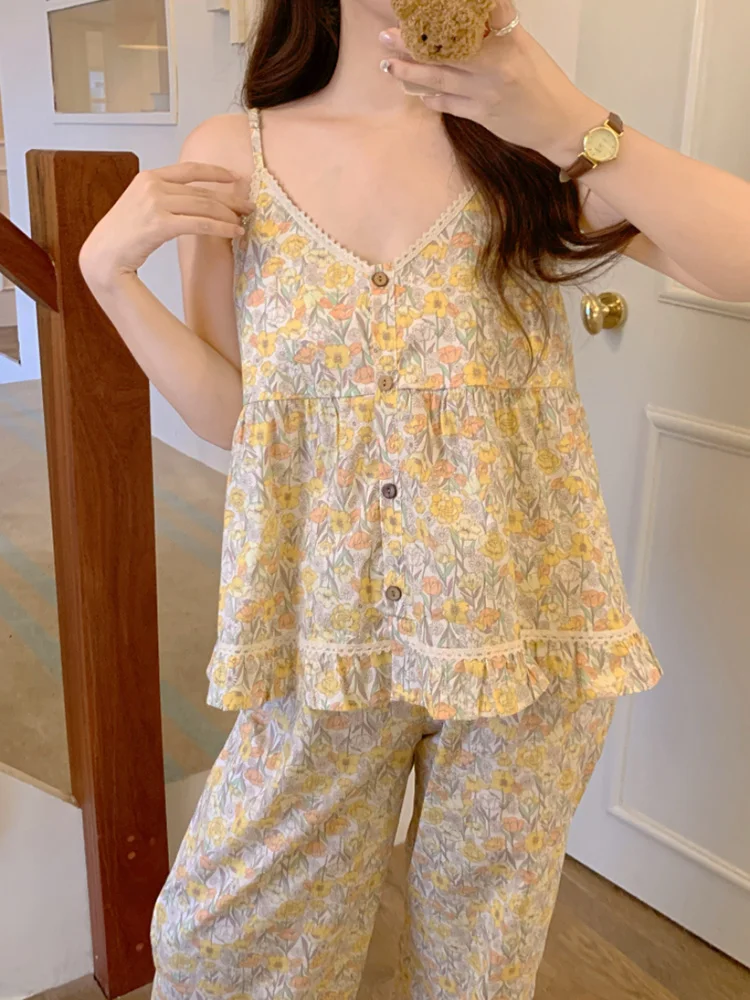 

Sexy Home Lace Print Sweet Floral Soft Summer Sleeveless Pajama Set Women Loose V-Neck Korean Sling Casual Holiday Sleep Tops