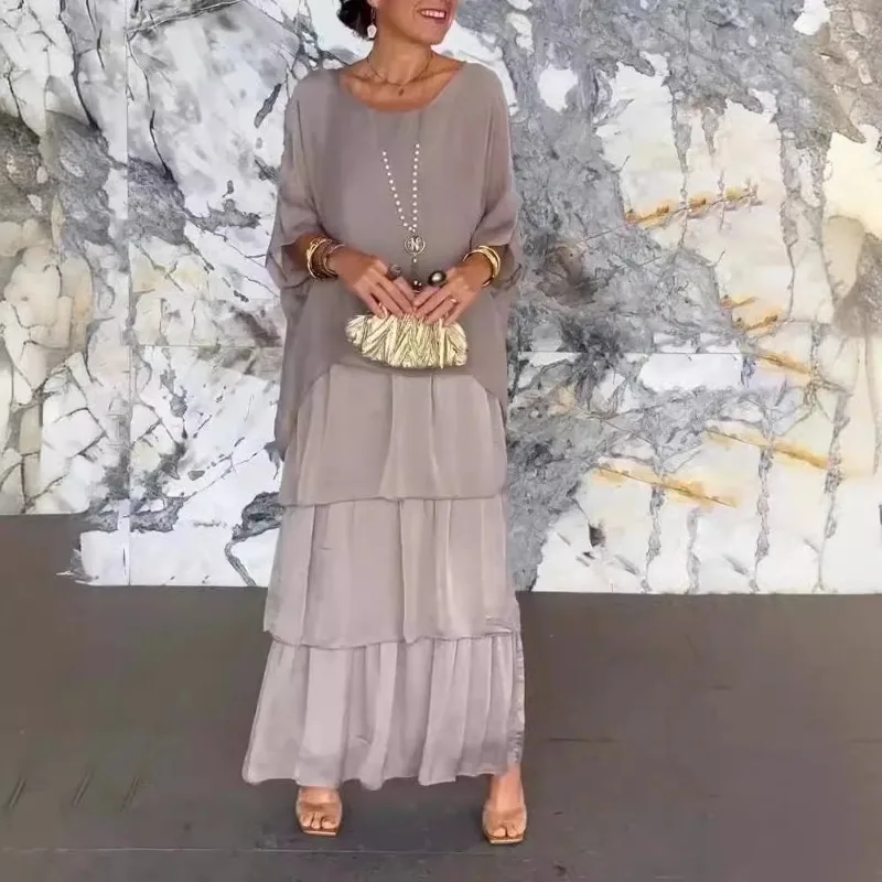 Female Elegant Floral Print Chiffon Boho Long Dress Spring Round Neck Women Pullover Dress Half Bat Sleeve Cake Skirt Dress