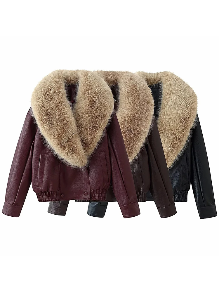 Jaquetas Femininas com Gola de Pele Sintética, Casaco Vintage de Inverno, Moda Quente, Jaquetas Bomber de Couro Sintético Soltas, Look Chic para Mulheres