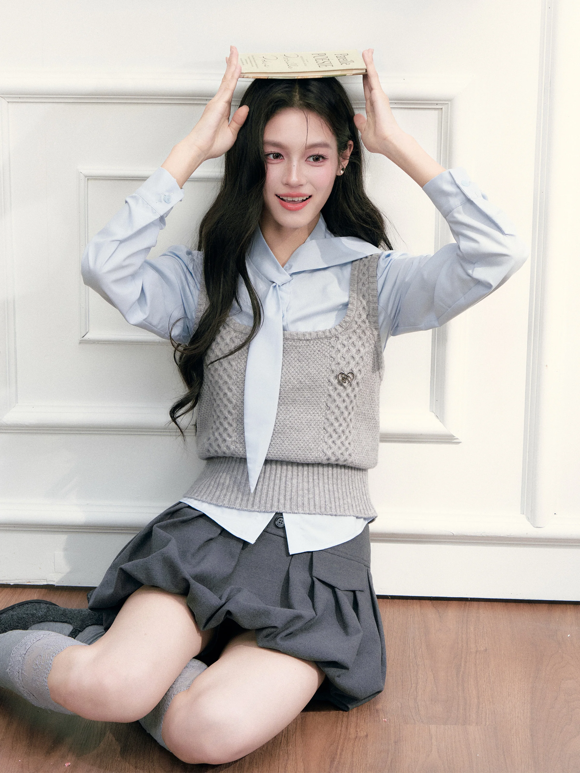 Fragile Heart Vintage College Style Three-Piece Set Shirt Vest Pleated Skirt for Women Autumn Spring Casual Office Date