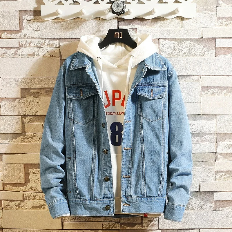 

Denim Jacket Men Casual Streetwear Solid Color Turn Down Collar Jean Coats Outwear Without Hat