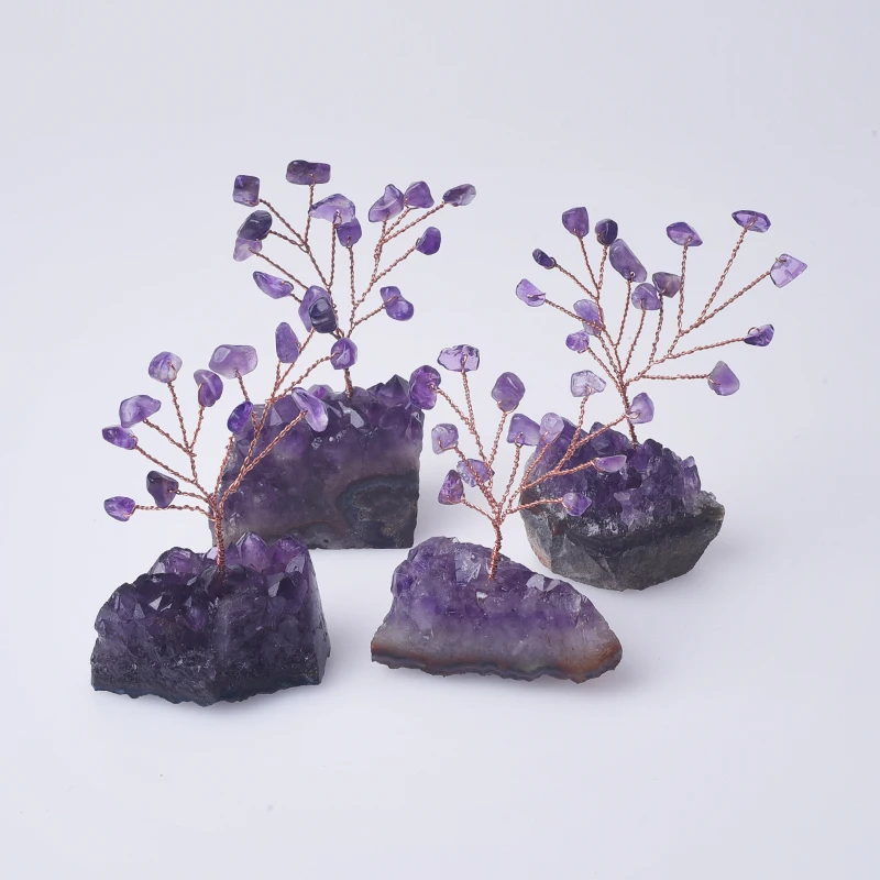 1pc Crystal Gemstones Tree Wrapped on Natural Amethyst Cluster Base Energy Reiki Healing Tree Home Living Room Yoga Decor
