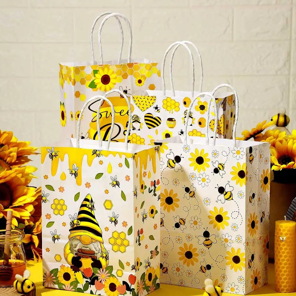 24pcs Cute Bee Kraft Paper Bag Recyclable Festival Gift Shopping Packaging Bags Sweet Honey Birthday Party Supplies