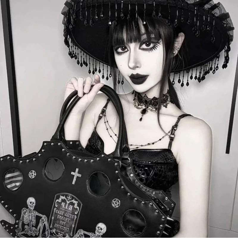 Halloween Totenkopf-Kreuz-Print Umhängetasche, Damen Gothic Nieten-Dekorations-Handtasche, Y2k Mädchen Stilvolle Einzigartige Tragetasche – Detail 16