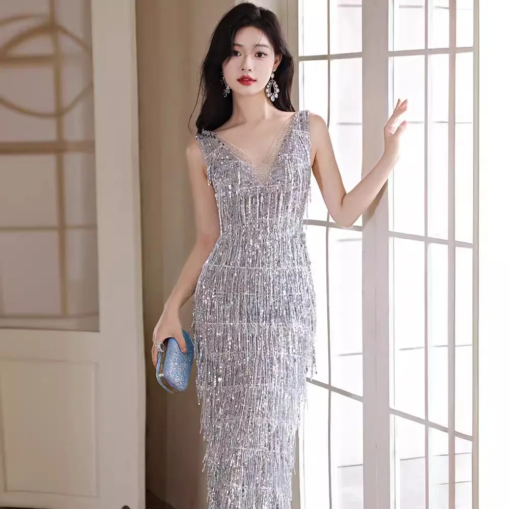 Ele Sequin Tassel Evening Gown for Women Wedding Reception Ceremony Banquet Faion High Waist Slim Fit Long Dr