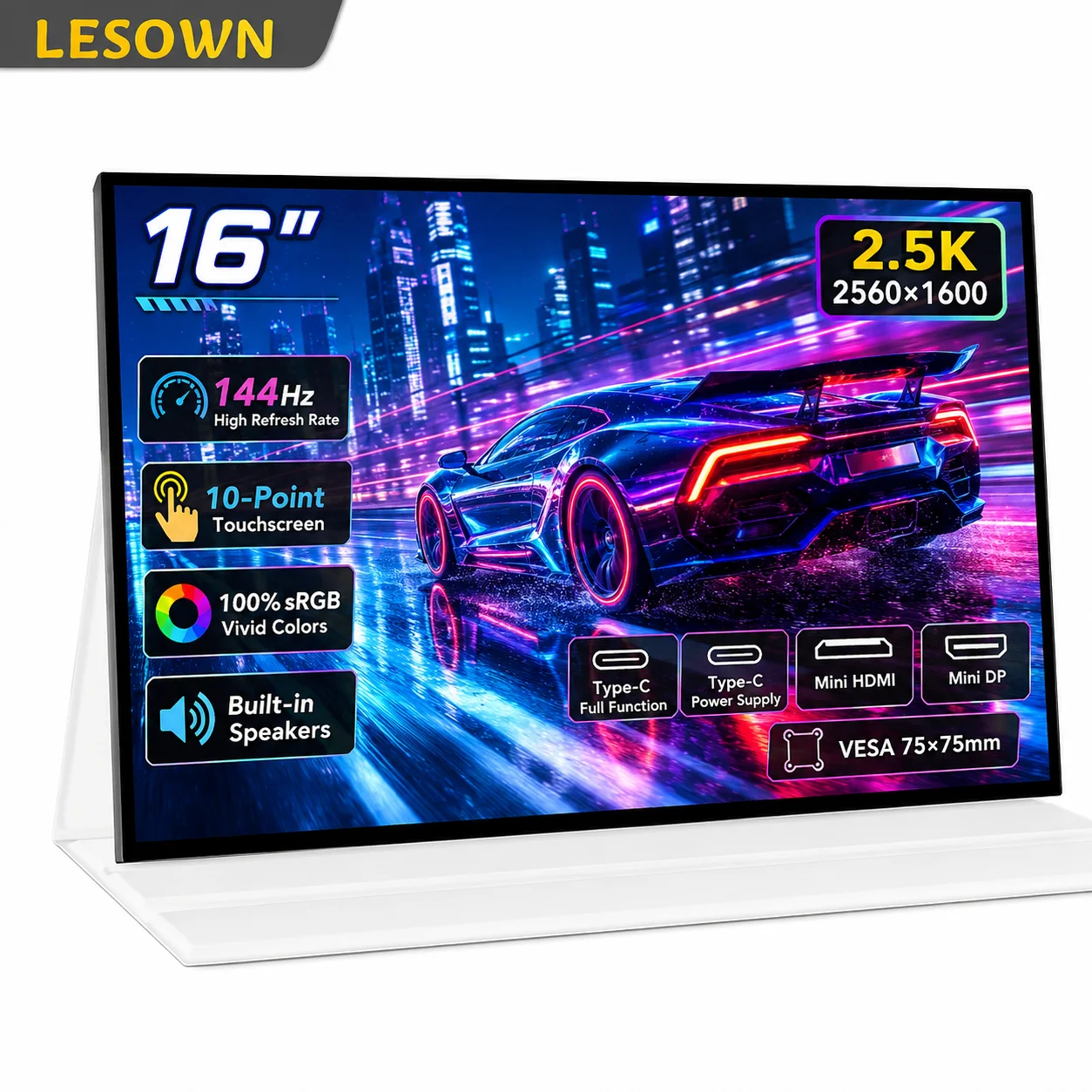 LESOWN Smooth 144Hz 2560x1600 Touch Gaming Panel 16 Inch VESA Extended Display for Mini PC Desktop miniDP Speaker