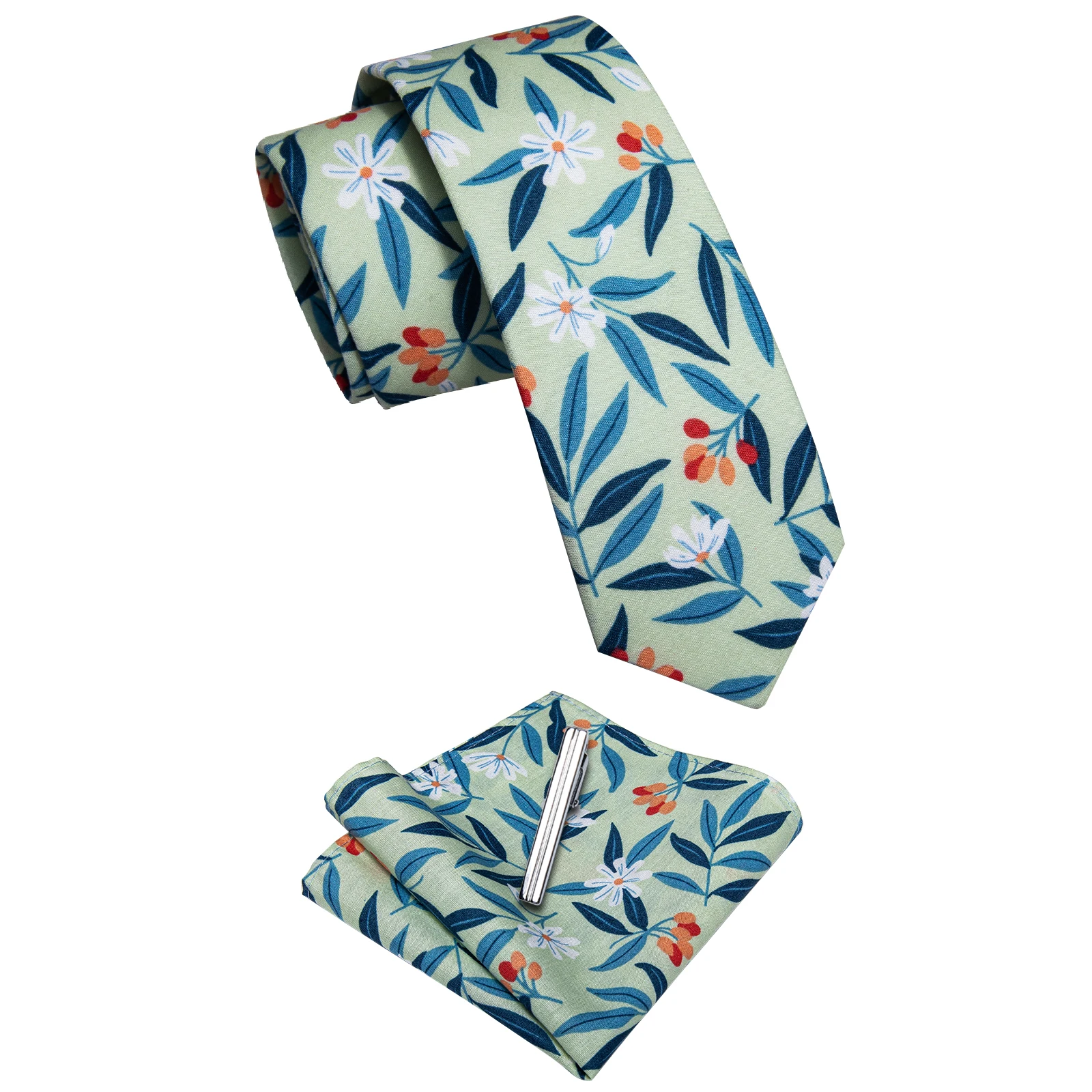 Luxury Green Floral Men\'s Tie for Wedding Blue Leaves Pattern Necktie for Man Pocket Square Clip Set corbatas para hombre Gifts