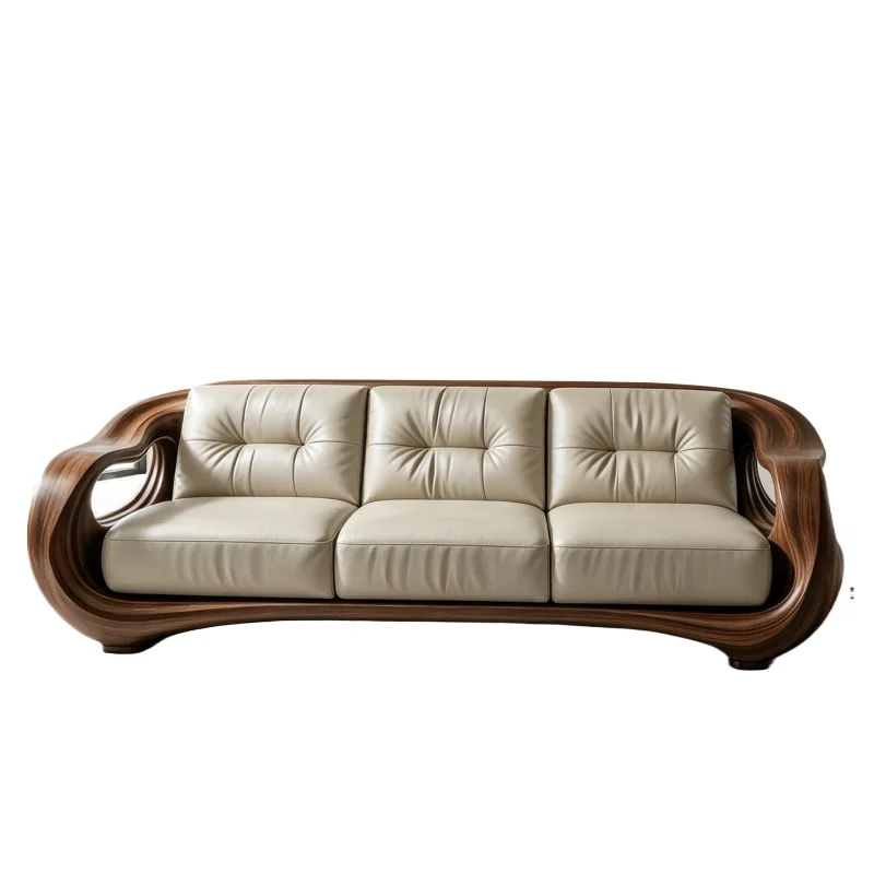 Curved wood leather sofa, modern large flat-floor living room light luxury solid wood special-shaped
