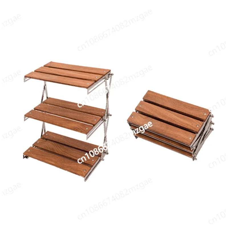 Camping Picnic Portable Multi-functional Folding Three-layer Wood Exquisite Shelf