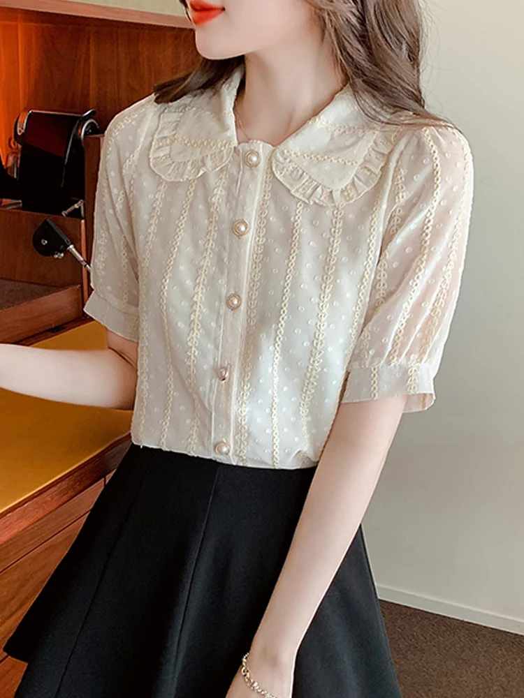 Blusas Mujer De Moda 2023 Verano Short Sleeve Blouse Women Doll Collar Lace Chiffon Blouse Shirt Women Tops Blouses Shirts E688