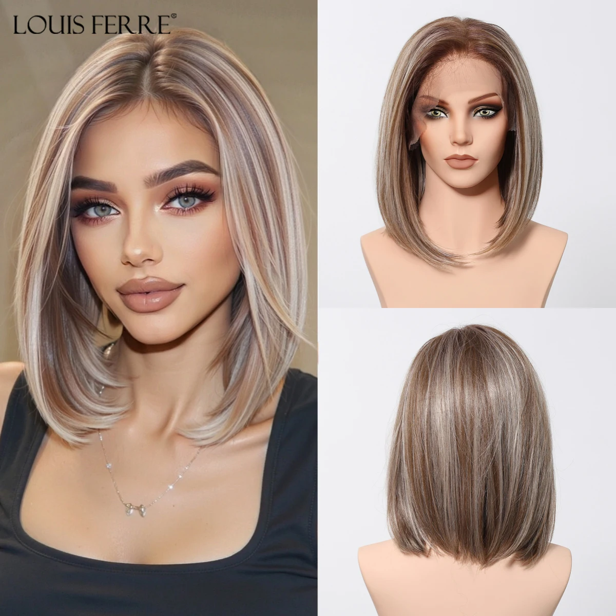 13*6 HD Transparante Kant Voor Pruiken Natuurlijke Haarlijn Korte Rechte Synthetische Pruiken Voor Vrouwen Dagelijks Party Bruin gemengde Blonde Pruiken