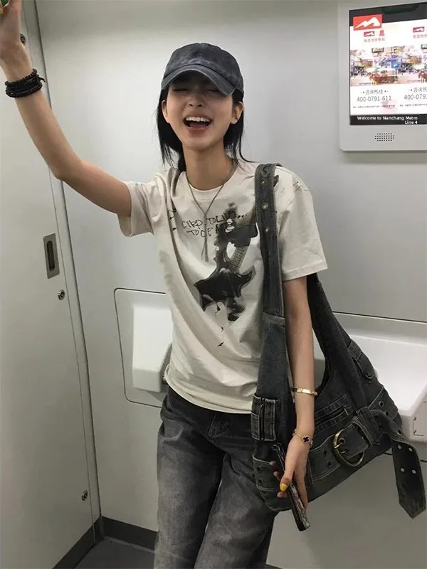 Retro American Letter Guitar Print Pure Cotton Short Sleeve T-Shirt Women Summer Slimming Shoulder Appropriate Versatile INS Top