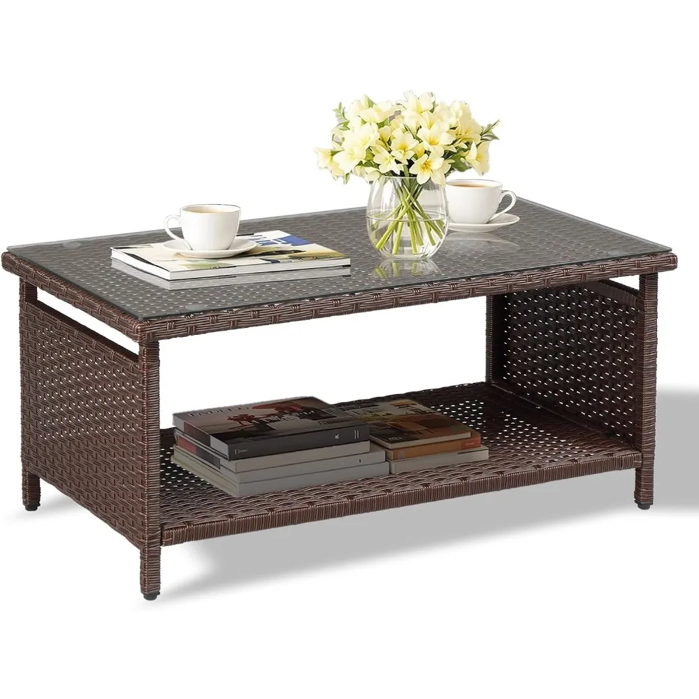 طاولة قهوة من الخيزران في الهواء الطلق، طاولات قهوة للفناء للخارج، طاولة من الخيزران مع طاولة قهوة للتخزين