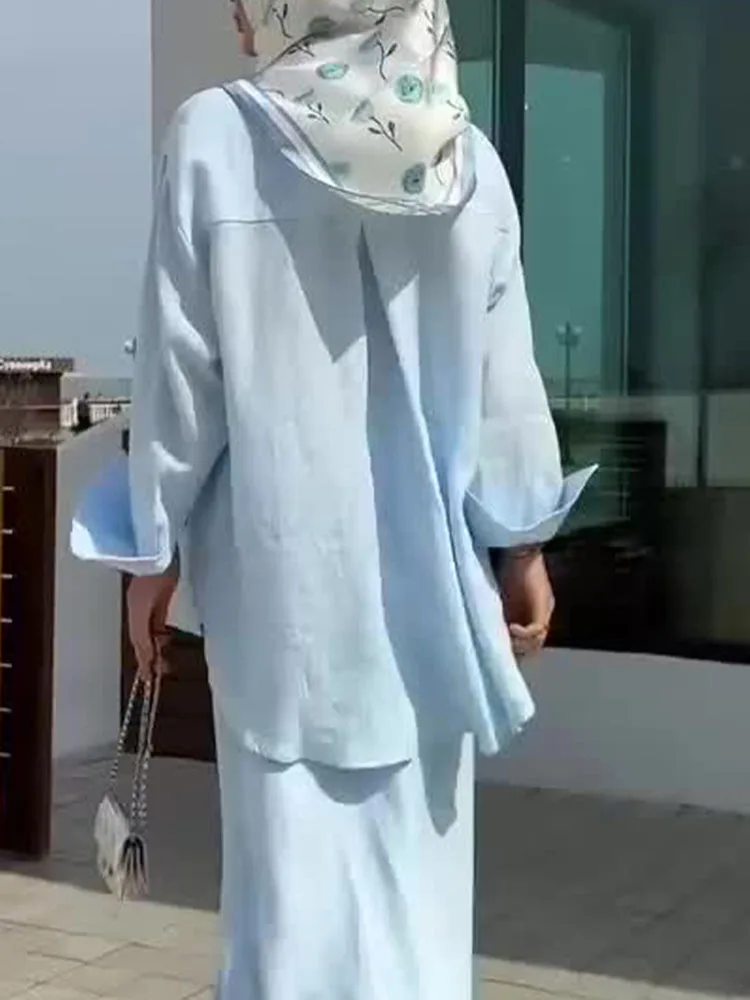 

Элегантный женский тонкий наряд с длинными рукавами, мусульманские однотонные простые наряды для поездок на работу, осенние модные однобортные рубашки и юбки, комплекты