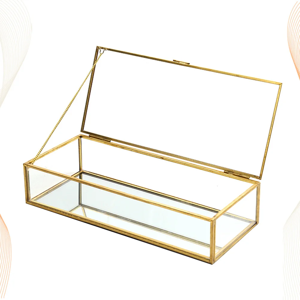 Jewelry Glass Case Golden Trim Geometrical Shape Makeup Storage Box Wedding Favor Glass Jewelry Organizer Desktop Decor