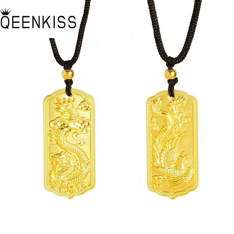 QEENKISS Gold Vintage Dragon Phoenix Necklace Pendant For Women Man Couple Wedding Party Bride Broom Mother Father Gifts PT5157