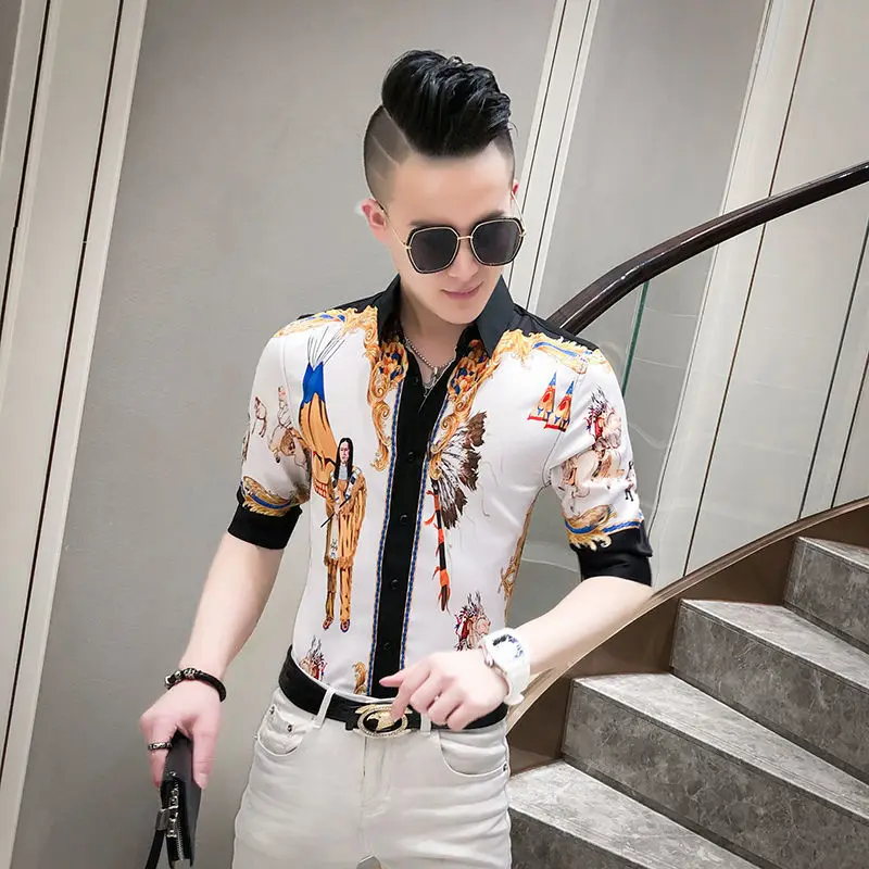 

2022 new flower shirt Korean floral sleeve slim anti-wrinkle shirt hair stylist nightclub guy men's shirt