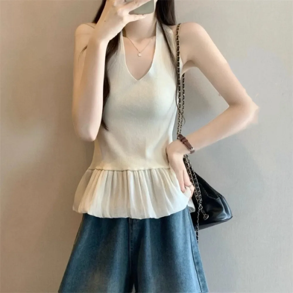 

Fashion Patchwork Knit Crop Top Slim Fit Sleeveless Halter Camisole Women V-neck Vest Sweet Girl's Top Girl