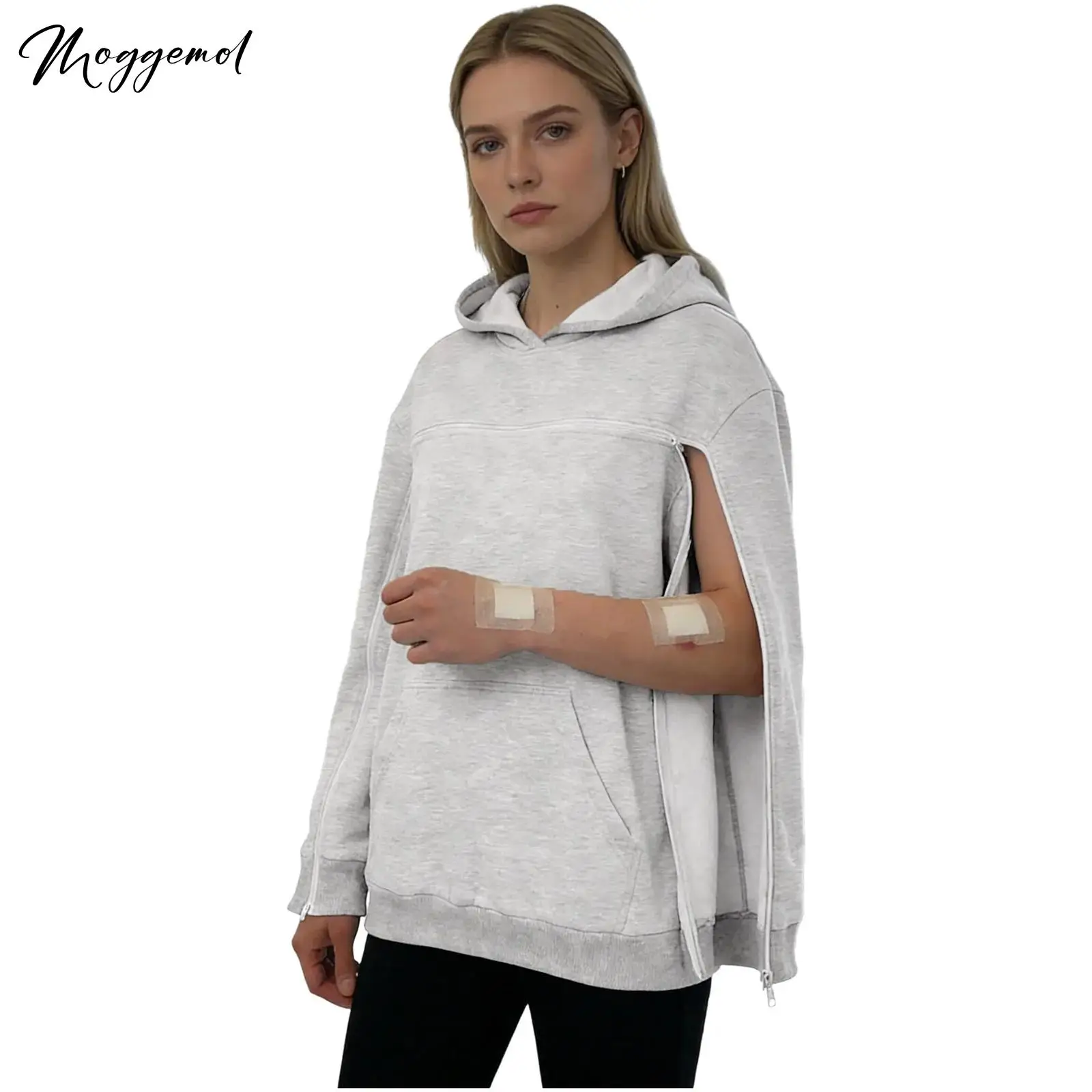 

Women Adaptive Recovery Clothing Full Arm Chest Access Hoodie Long Sleeve Fleece-Lined Hooded Pullover Sweatshirt with Pocket
