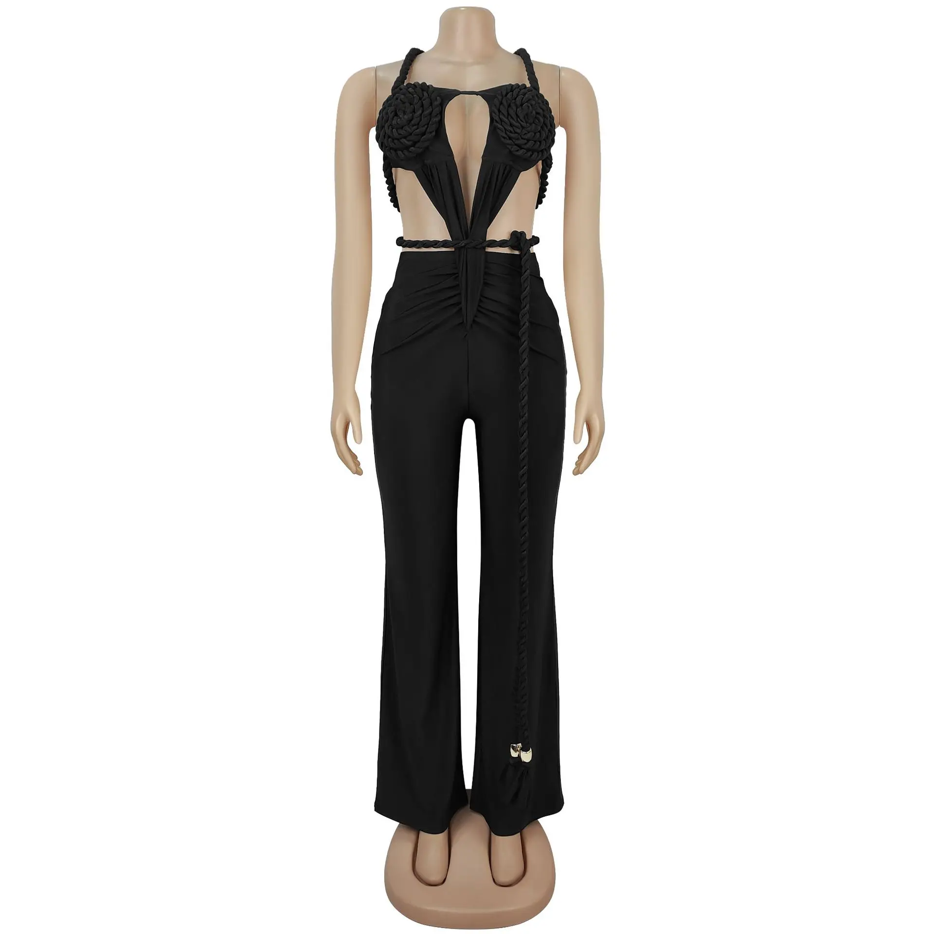 Women Halter Neck Ruched Sleeveless Wide Leg Jumpsuits 2025 Fall Vacation Beach Romper Playsuit One Piece Set Outfits