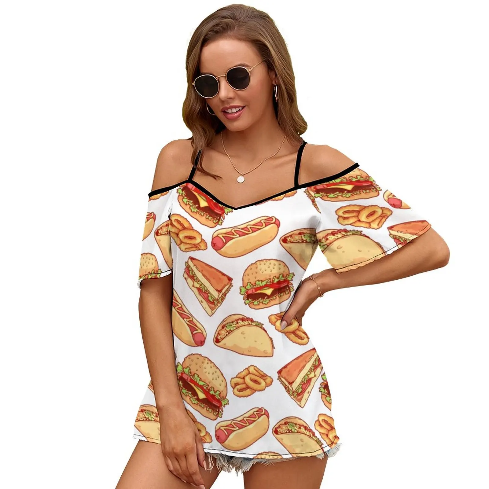 Pattern With Burgers , Sandwiches , Tacos , Hot Dogs And Slit Sleeve Cold Shoulder Print Women T Shirt Casual Summer Tee Tshirt