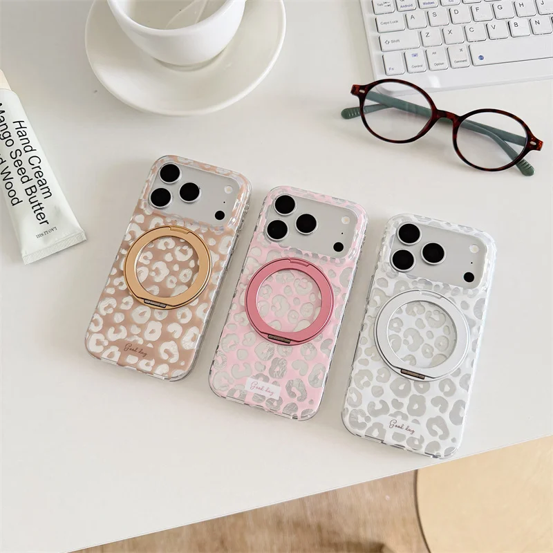 

Luxury Glitter Magnetic Shockproof Case for iPhone 17 16 15 Pro Max Leopard Stand 360° Rotating bracket Cover With Magsafe