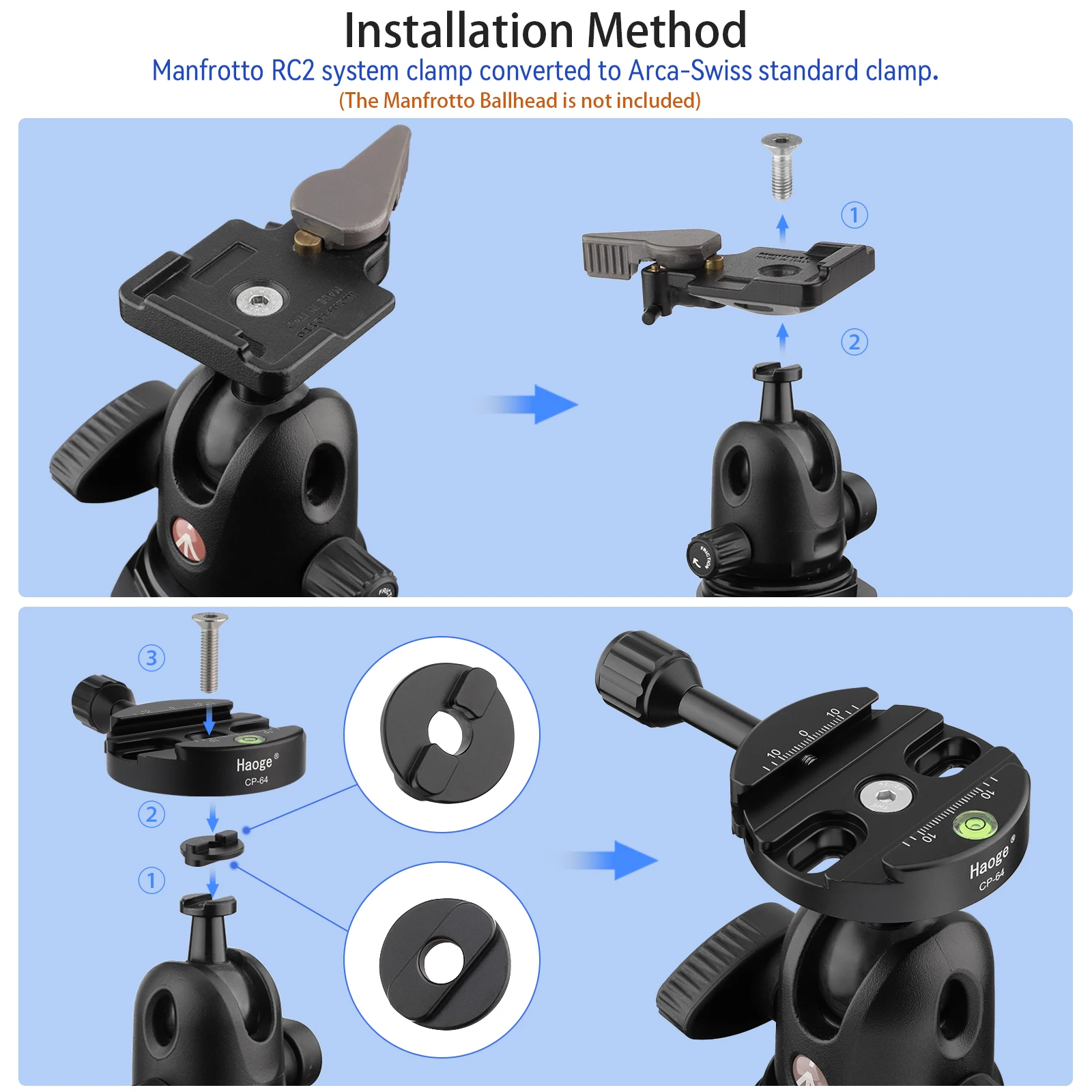 Haogeコンボボスアダプタと64ミリメートルアルカスイス互換クイックリリースクランプためマンフロット三脚ボールヘッドの交換