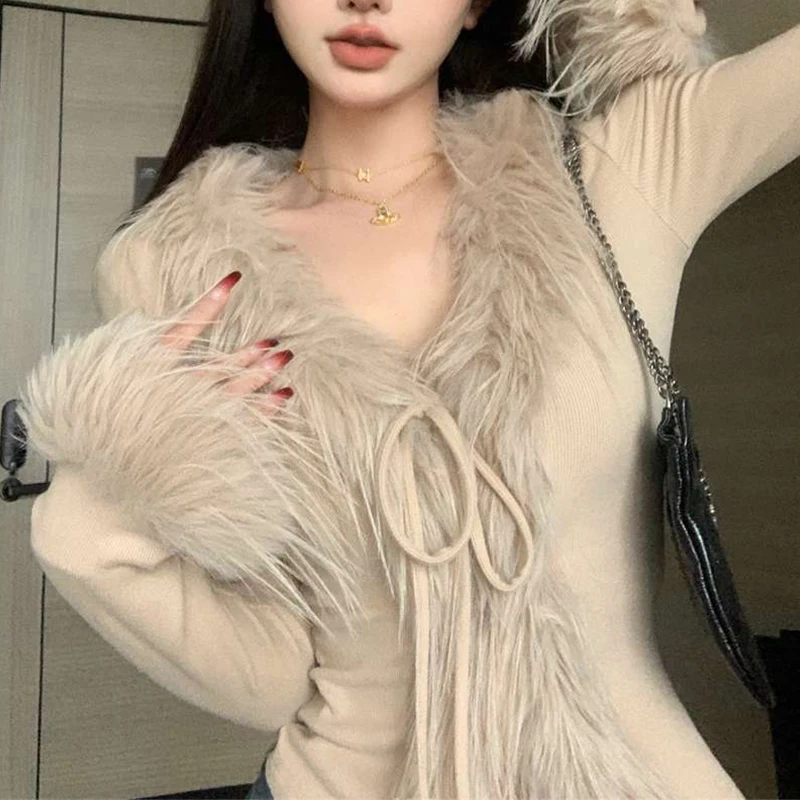 Korean Hot Girl Furry V-neck Long Sleeve Irregular Slim Short Sweater Cardigan