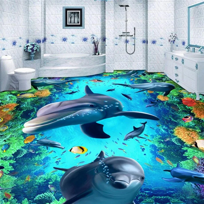beibehang World Dolphins floor 3D wall paper painting bathroom mural self-adhesive PVC photo wallpaper wall-paper flooring