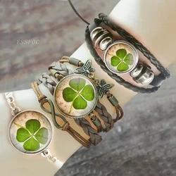 Lucky Four-leaf Clover Retro Bracelet Femme Steampunk Glass Cabochon Pulseras Mujer Luminous Shamrock Bangle Women Jewelry