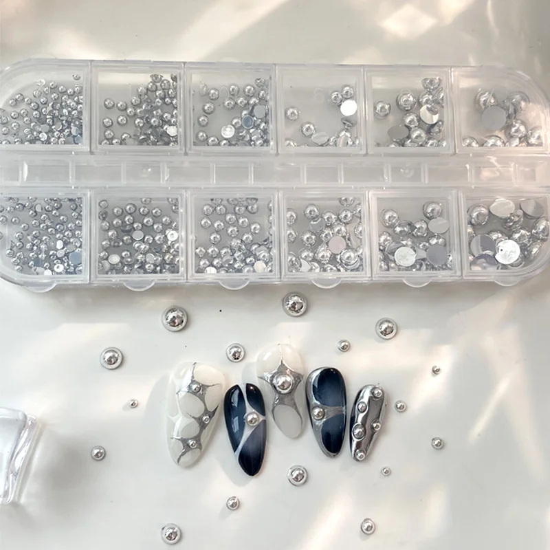 TSZS 12 Siatek/Pudełko Mieszanka Perłowa Rozmiar Żywica Ozdoby do Paznokci 3D Białe Srebrne Złote Koraliki Dekoracje do Paznokci