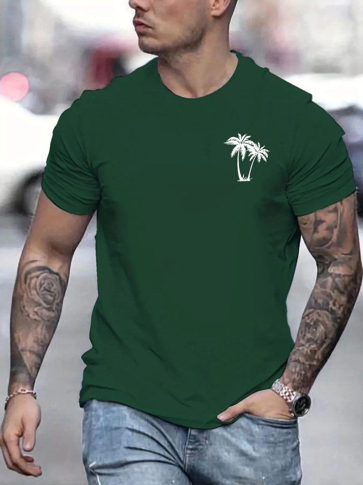 Men's summer 100% pure cotton fashionable casual loose coconut tree pattern printed sports round neck short sleeved T-shirt top