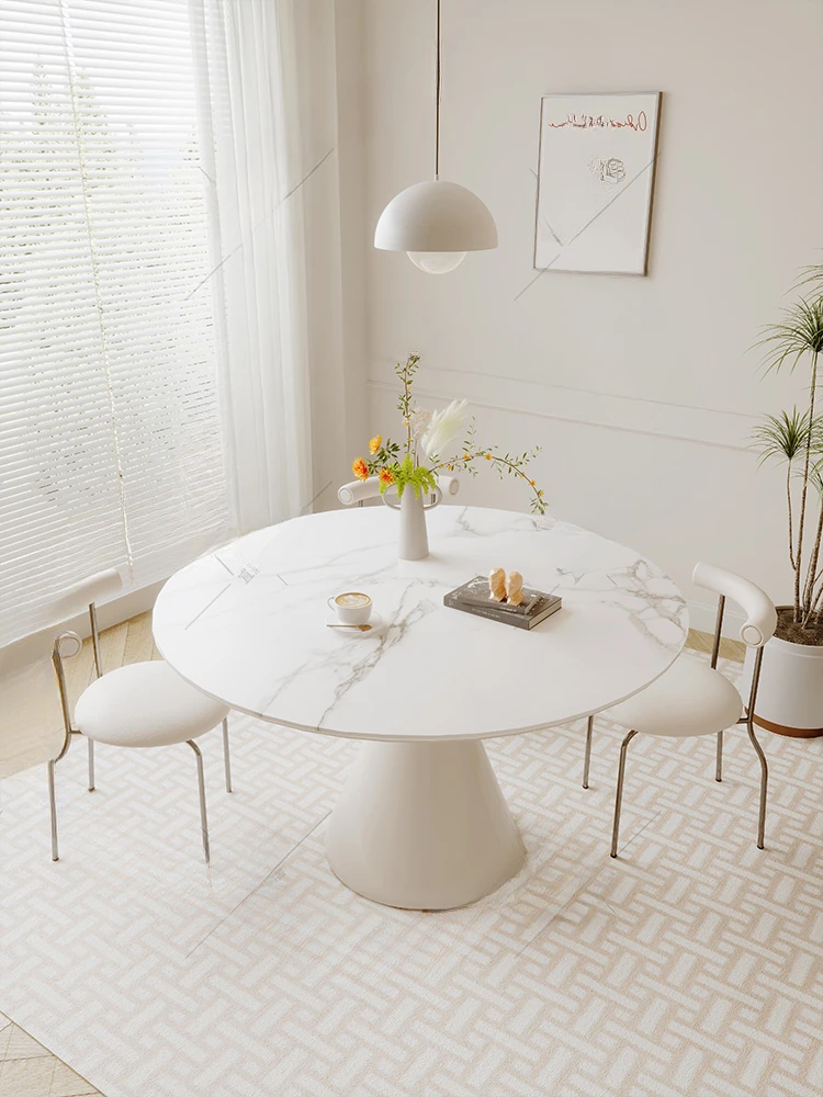 Round cream wind dining table and chair combination household French rock plate round negotiation table