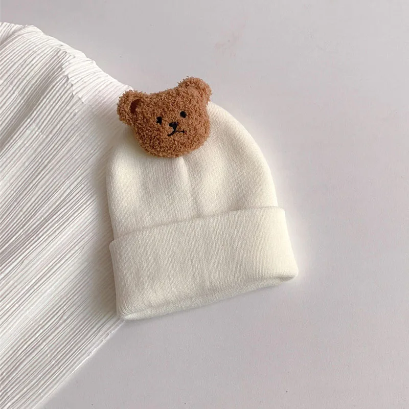 Korean Baby Autumn Winter Hat Cute Bear Knitted Warm Newborn Cap Infant Beanie Solid Color Baby Girl Boy Soft Crochet Hats