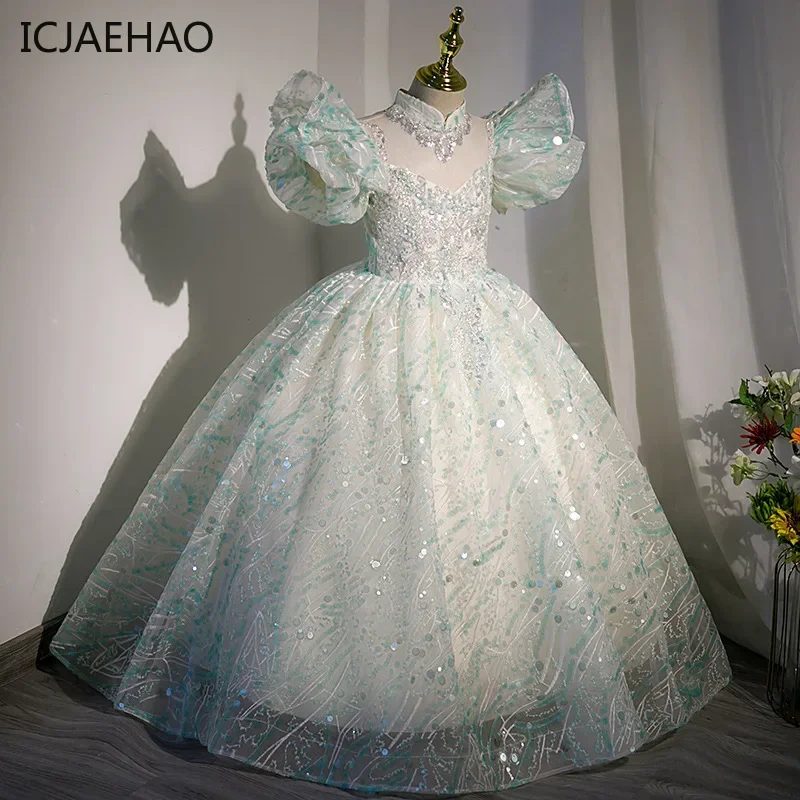 ICJAEHAO 2024 Fluffy Baby Formal Dress Infant 1st Communion Ball Gowns Ceremony Elegant Girls Parties Kids Sequined Clothes