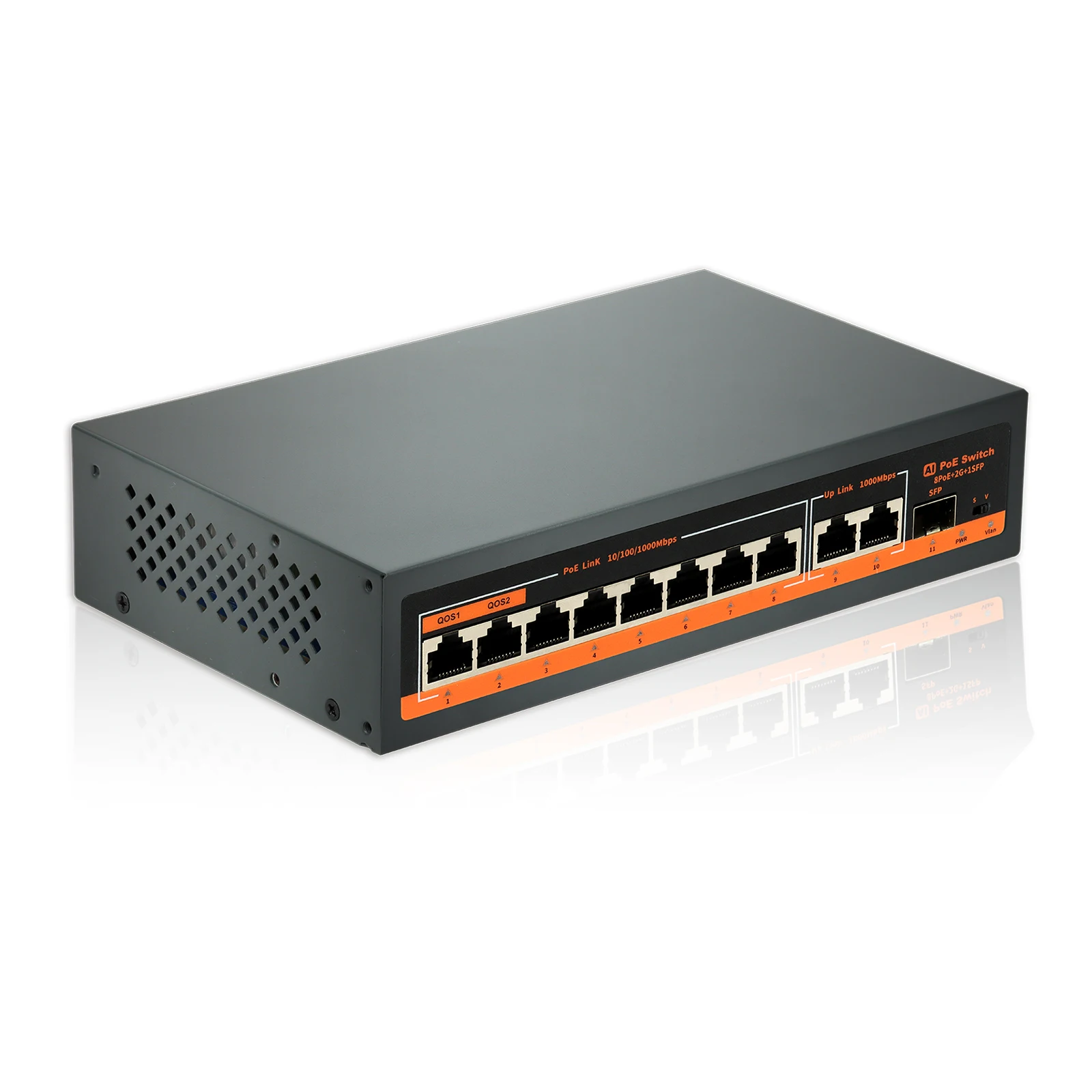 

Bullscom 8-Port Gigabit PoE+ Switch | 120W | 2×1G Uplink | 1×SFP Port | Unmanaged | Plug & Play | AI Smart Detection | QoS