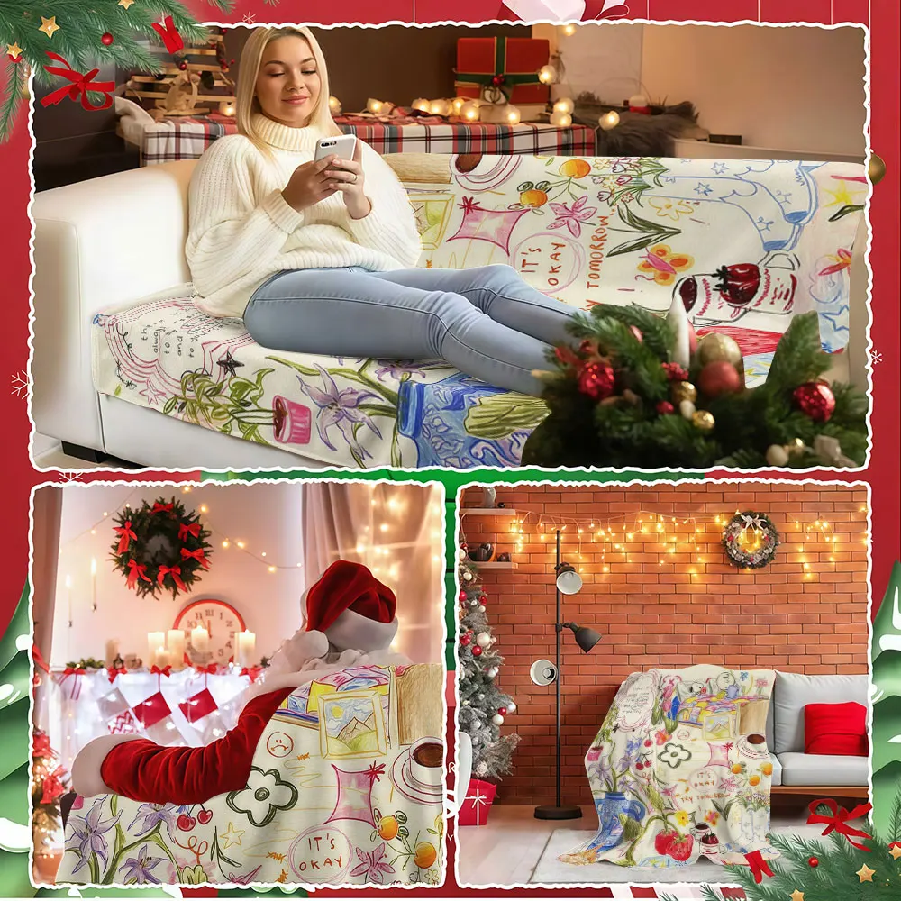 Positive Quote Doodle Winter Summer Flannel Blanket Throw Fleece Soft Fuzzy Plush Cozy Fleece Blankets for Sofa Ideal Gifts