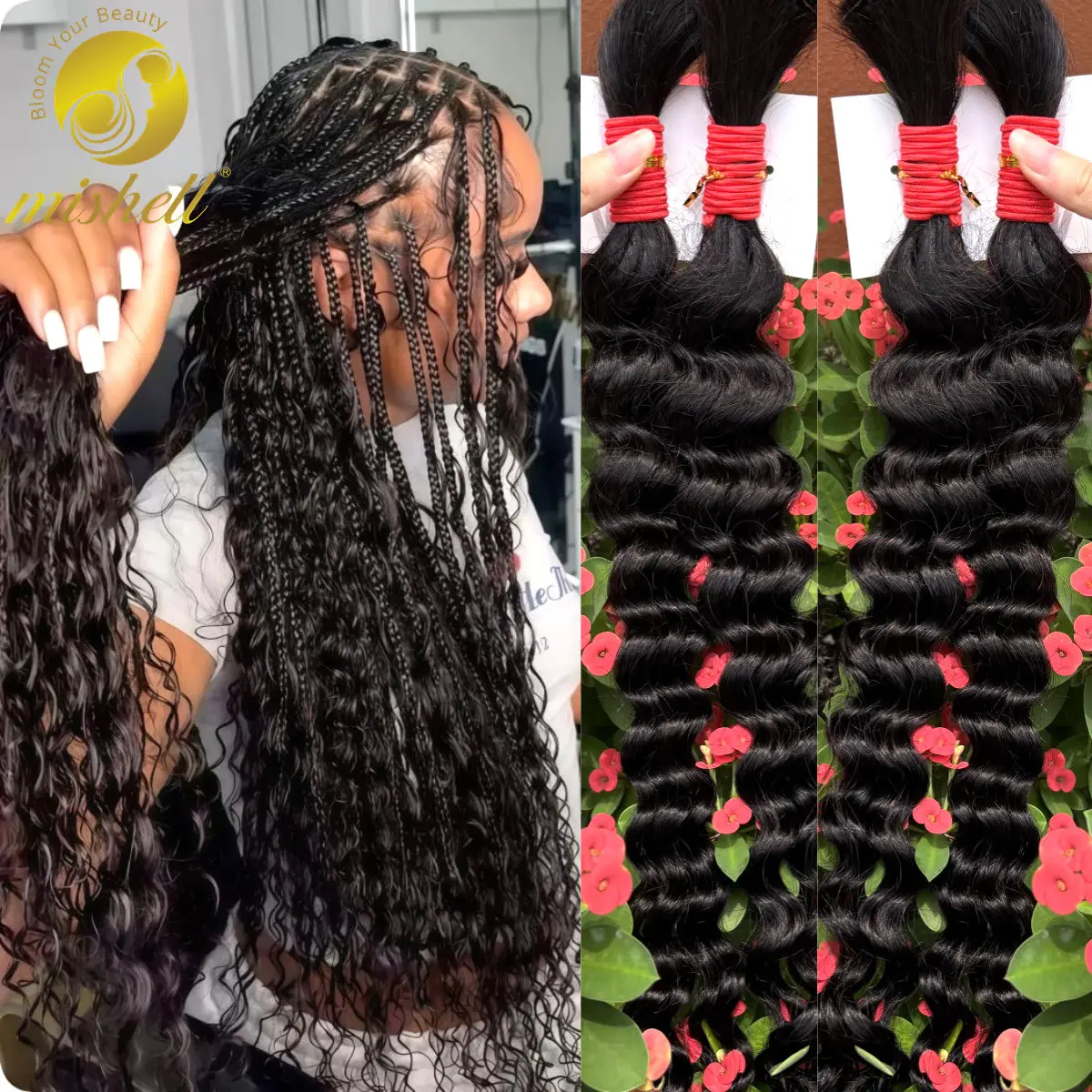 16-24in 1 Bundle 50g Natural Deep Wave Bulk Human Hair for Boho Braids No Weft Human Hair Bulk Curly Extensions for Braiding