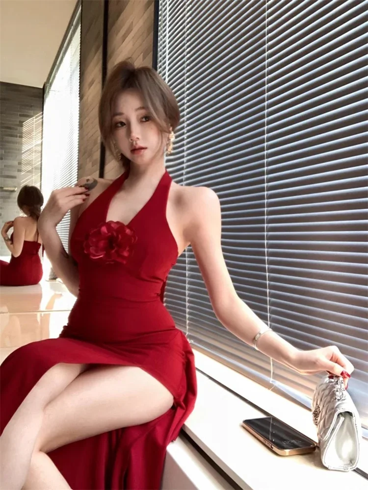 Red Flower Backless Dress Women's Spring Slim Brazil Style Halter Party  Dress Sexy Holiday High Split Long Bodycon Dresses