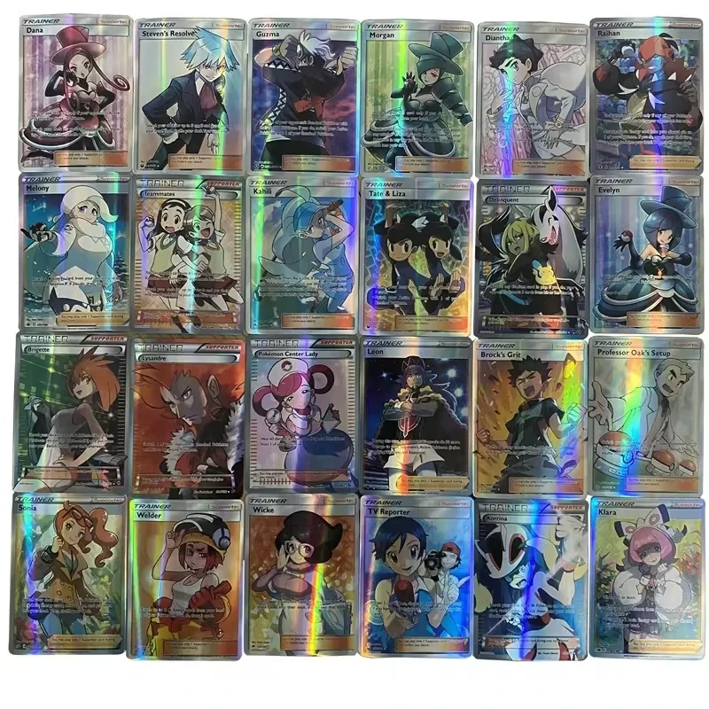 100Pcs/Set Pokemon Cards Lillie Marnie Rosa Erika Lana Anime Game Characters English Version DIY Collection Color Flash Card Toy