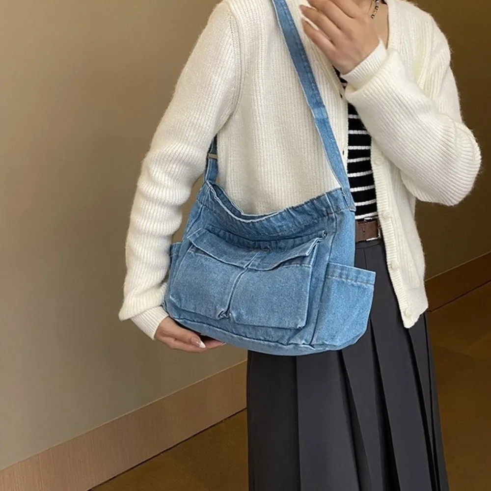 

Креативная холщовая джинсовая сумка-мессенджер с несколькими карманами в стиле Харадзюку, дорожная сумка на плечо в корейском стиле, синяя сумка для подмышек, повседневная